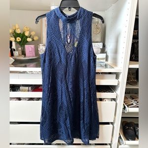 Navy Blue Lace Sleeveless High neck Dress